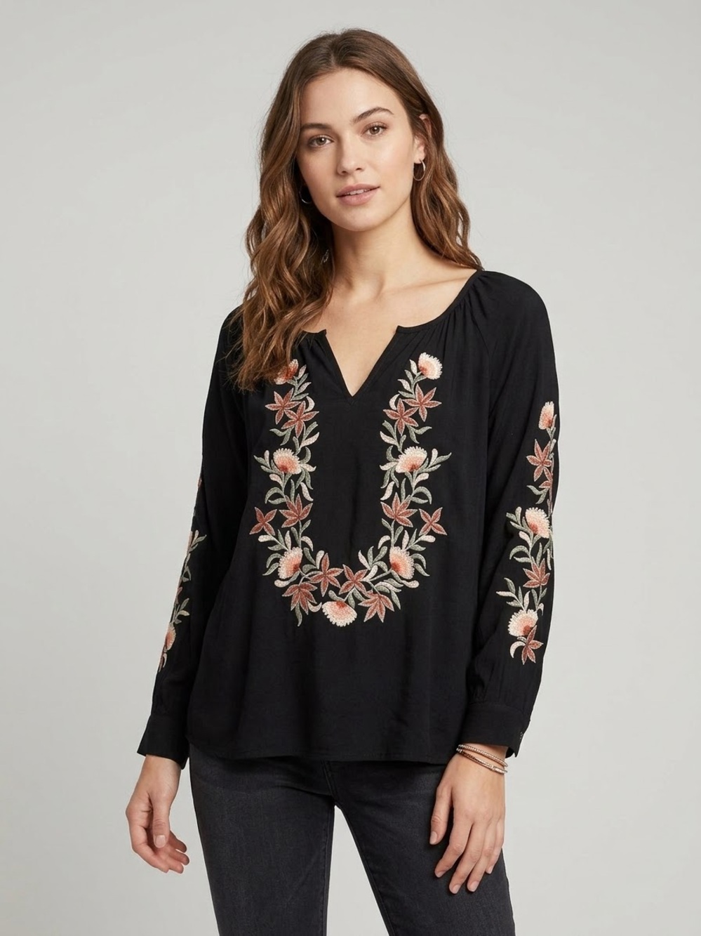 Karen Kane Floral Embroidered Long Sleeve Boho Peasant Blouse V-Neck